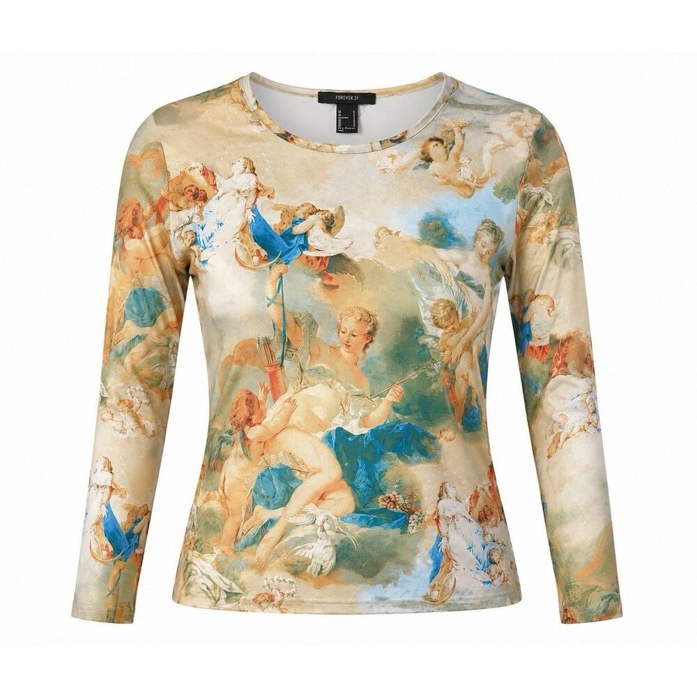 Forever 21 Cherub Angel Print Rococo Top Womens L Fairycore Y2K Ethereal Fairy